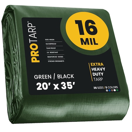 Heavy Duty Tarp, 20 ft x 35 ft, 16 Mil, Green/Black, Polyethylene